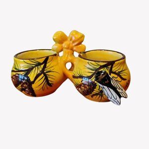 Vtg Vallauris Italy Pottery Open Salt Pepper Pot Yellow w/Cicada Signed Tess